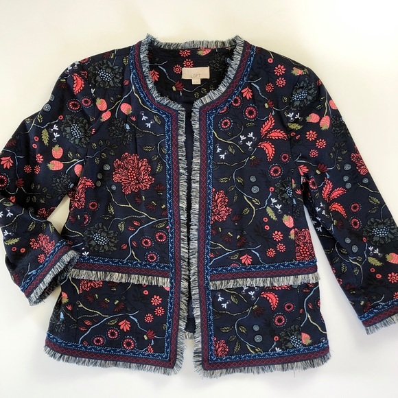 LOFT Navy Strawberries Floral Print Jacket Blazer - Picture 8 of 8
